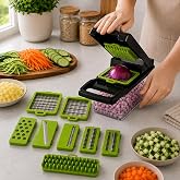 Cortador de Legumes Multifuncional 15 em 1 com Recipiente – Mandoline Profissional com Lâminas Intercambiáveis para Fatiar, R