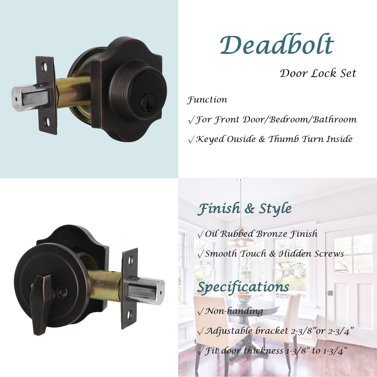 3 Pack Vintage Deadbolt Security Door Lock with Key Single Cylinder