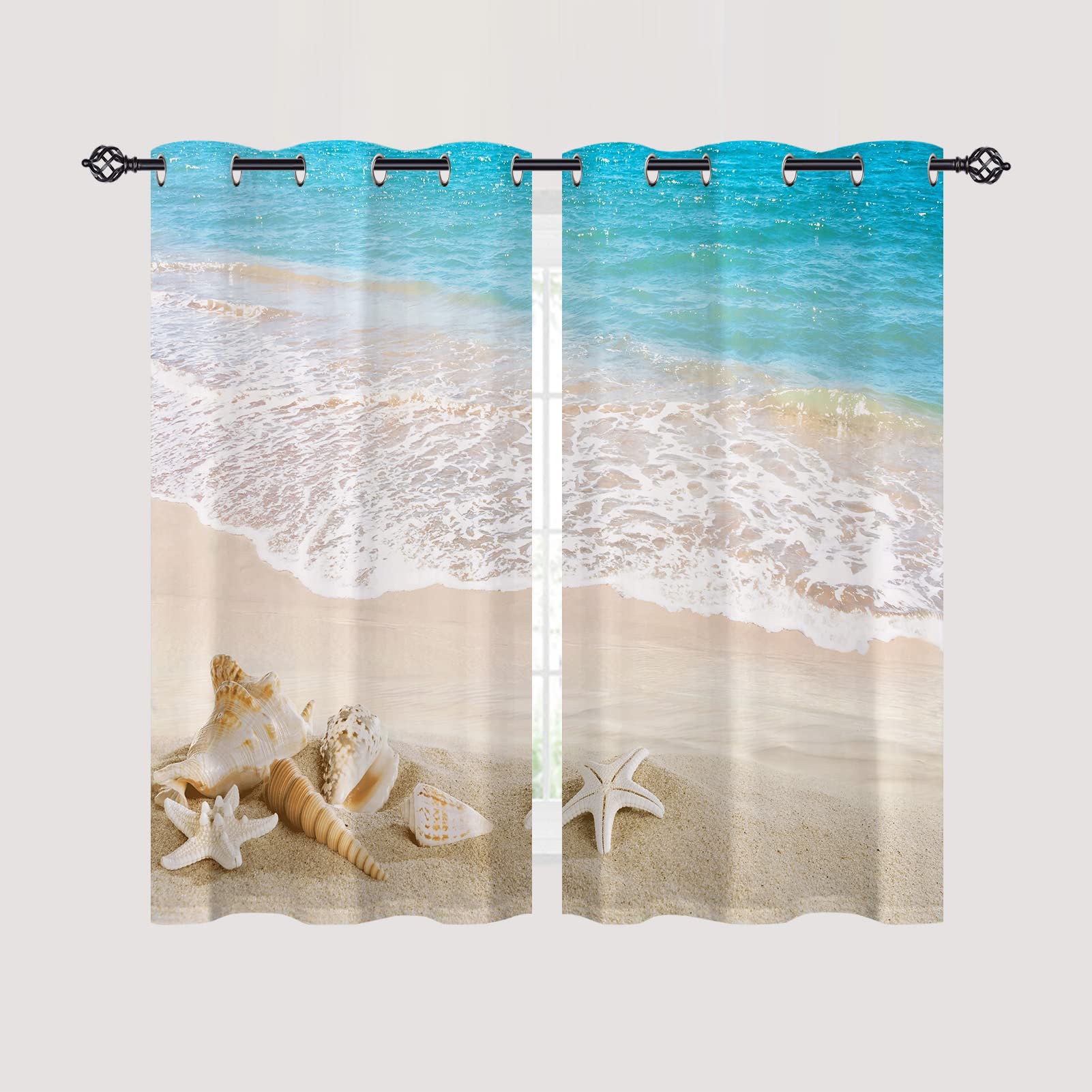 ANHOPE Beach Curtains Eyelet Ring Top Thermal Insulated 80% Blackout Curtains with Tropical Ocean Seaside Conch Seashell Print Pattern Window Drapes for Bedroom Living Room 28 x 54 Inch Drop 2 Panels