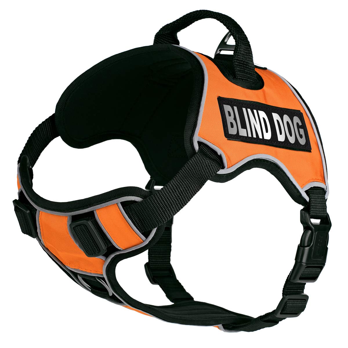 Dogline Quest No-Pull Dog Harness with Blind Dog Reflective Removable Patches Reflective Soft Comfortable Dog Vest with Quick Release Dual Buckles Black Hardware and Handle 21 to 25 inches Orange