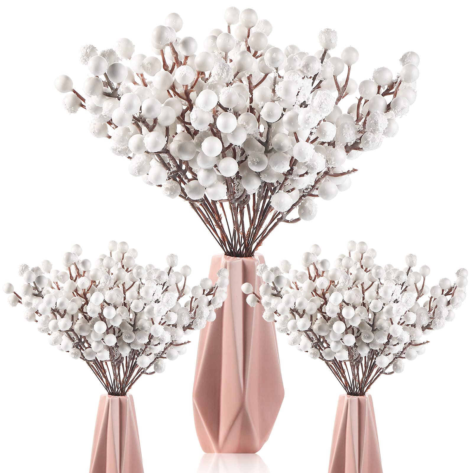 Geosar 30 Pieces Artificial Christmas Berry Picks with Snowflake Glitter Artificial Holly Berry Stems for Christmas Tree Ornaments Vases DIY Crafts Home Wedding Party Holiday Decor(White)