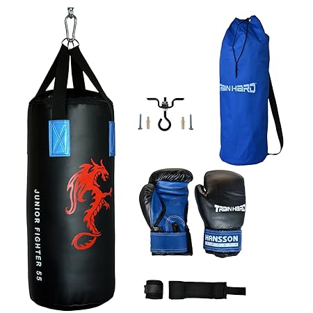 Kinder Jugend Boxing Boxen Set Boxset Junior Fighter 55' aus Boxsack gefüllt Kunstleder, Boxhandschuhe, Boxbandagen, Deckenha