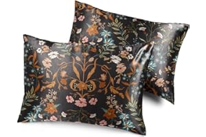 Sweet Jojo Designs Black and Orange Satin Luxury Wildflower Floral for Hair and Skin Pillow Cases Standard Queen Pillowcase Sham Cover Set for Bed Decorative Accent 2 pc. Soft Silky Shiny Shimmer