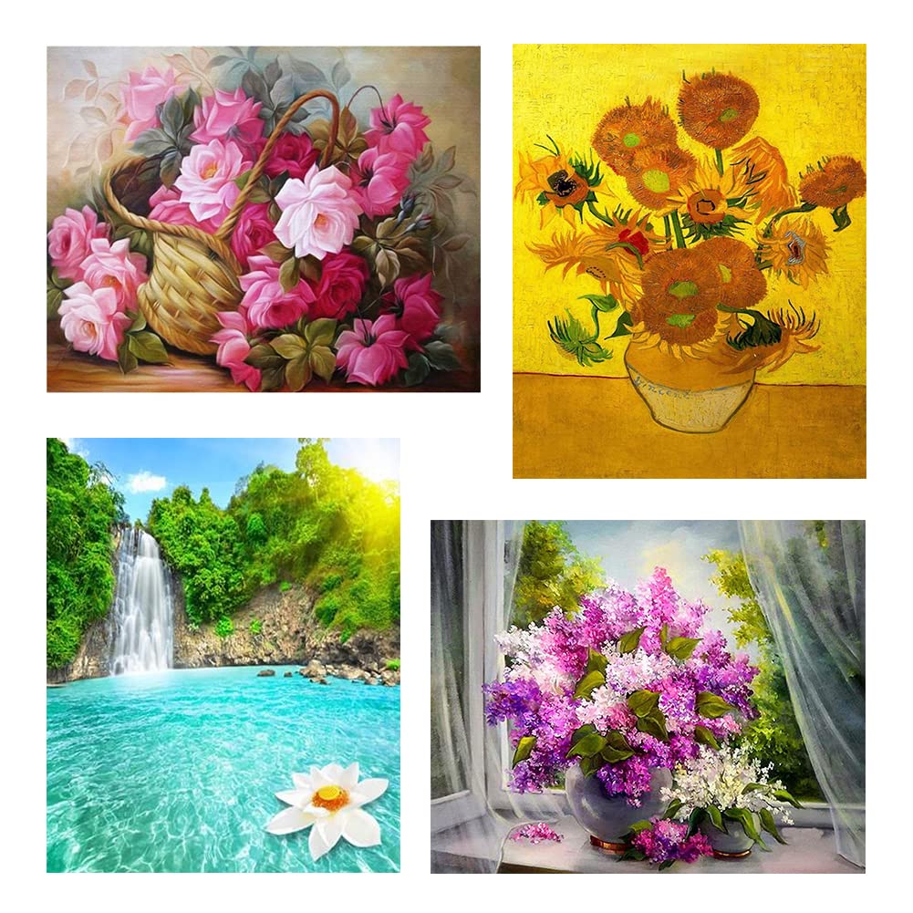 4 Pack 5D DIY Diamond Painting by Number Kit for Adults and Kids,Chrysanthemum Rose Landscape Round Full Dril Beads Crystal Rhinestone Cross Stitch Picture Arts Craft Wall Dcor or Gift,16"X12"