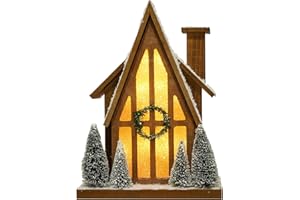 HOMIRABLE Christmas Decorations for Home Led Lighted Christmas Village Ski Lodge Wooden Snow Winter Scene Farmhouse Christmas Tree House with Wreath Rustic Tabletop Holiday Decor Xmas Signs