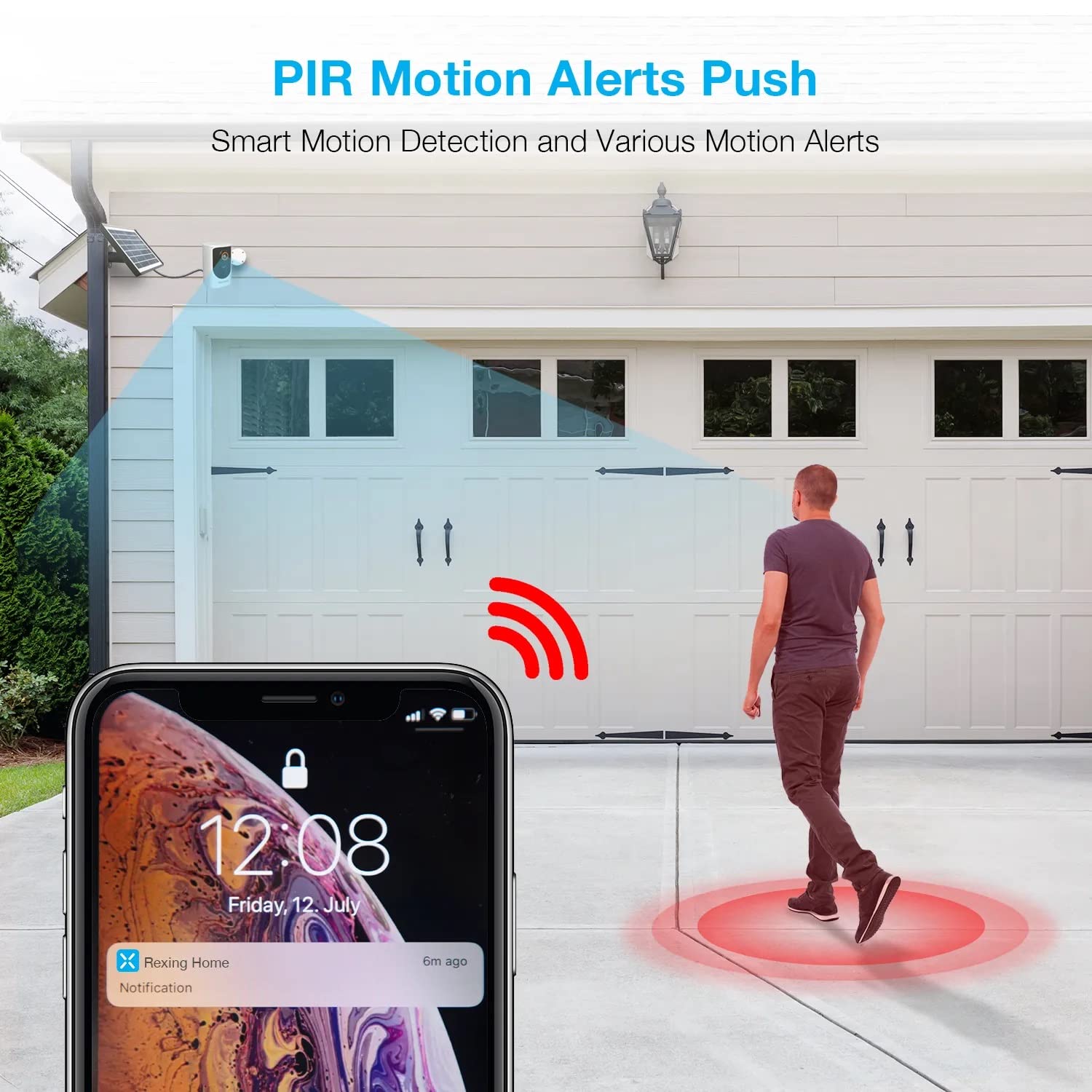 Smartphone displaying a motion alert notification from the Rexing Home app, with a person walking in the camera's detection zone.