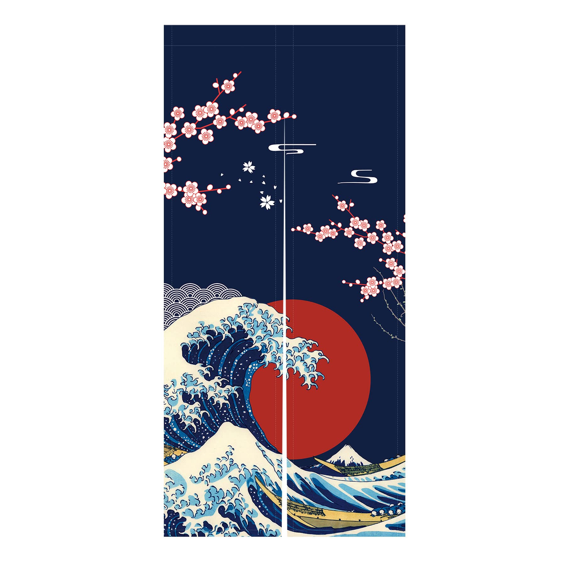 LIGICKY Japanese Noren Doorway Curtain Ukiyoe Hokusai The Great Wave Off Kanagawa Sun Cherry Blossoms Printed Window Treatment Door Tapestry for Home Restaurant Decoration 85 x 180 cm, Blue