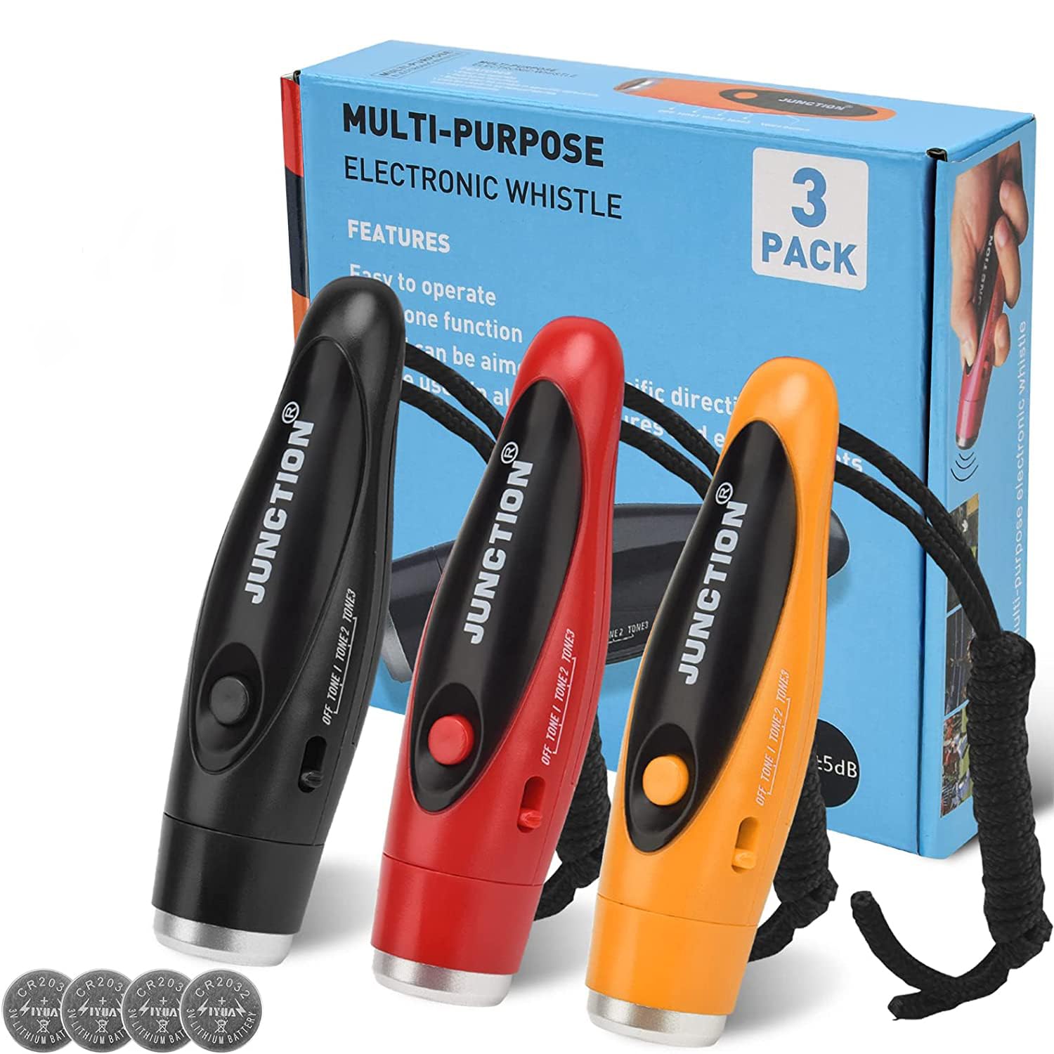 XREXS Electronic Whistle, 3 Pack Electric Whistle with Lanyard, 3-Tone Handheld Sports Whistle for Referee Coaches P.E. Teacher Training Outdoor Camping Dog Training