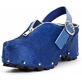 XOBZJH Women’s Natural Cow Print Fur Platform Clogs with Decorative Zipper & Adjustable Buckle Strap – Western Slip-On Punk Rivet Mules with Arch Support, Chunky Retro Rustic Style