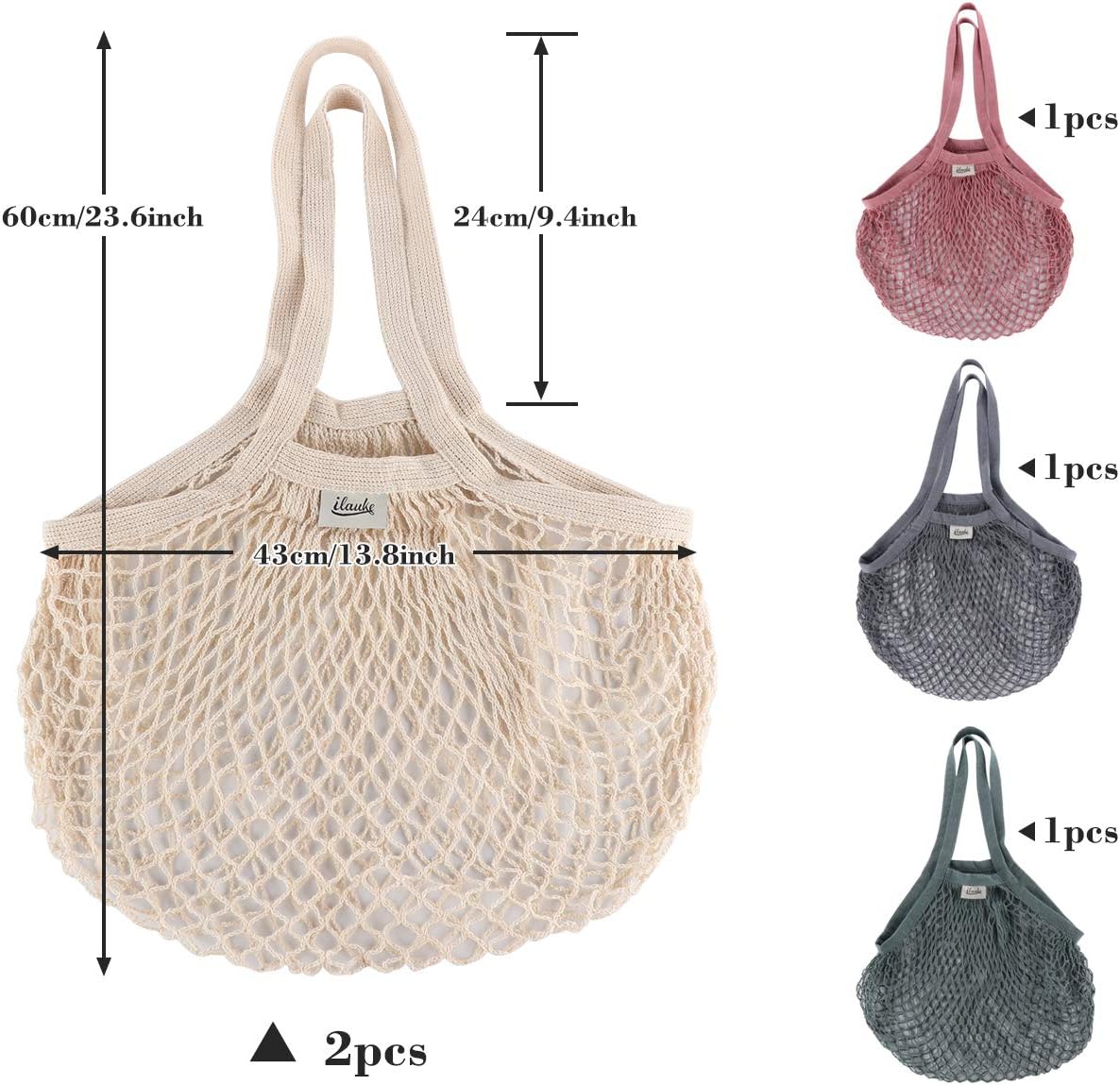 ilauke 5 Pcs String Bags Shopping, Portable and Washable Cotton Reusable Grocery Mesh Bags with Long Handle - Image 3