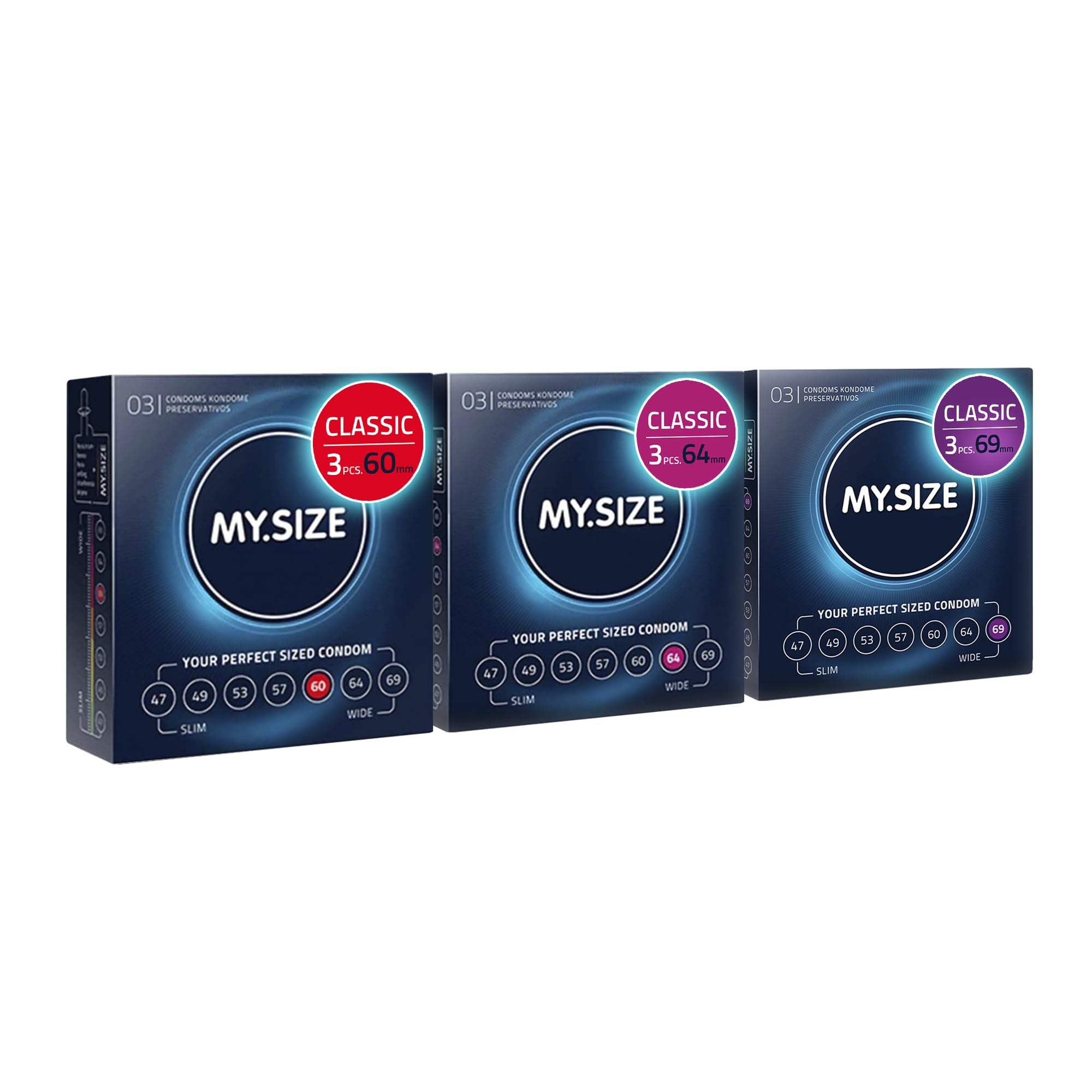 MY.SIZE Condom Set Size 5, 6, 7-60, 64, 69 mm, 3x3 Pieces - Perfect fit and a Suitable Size for Every man