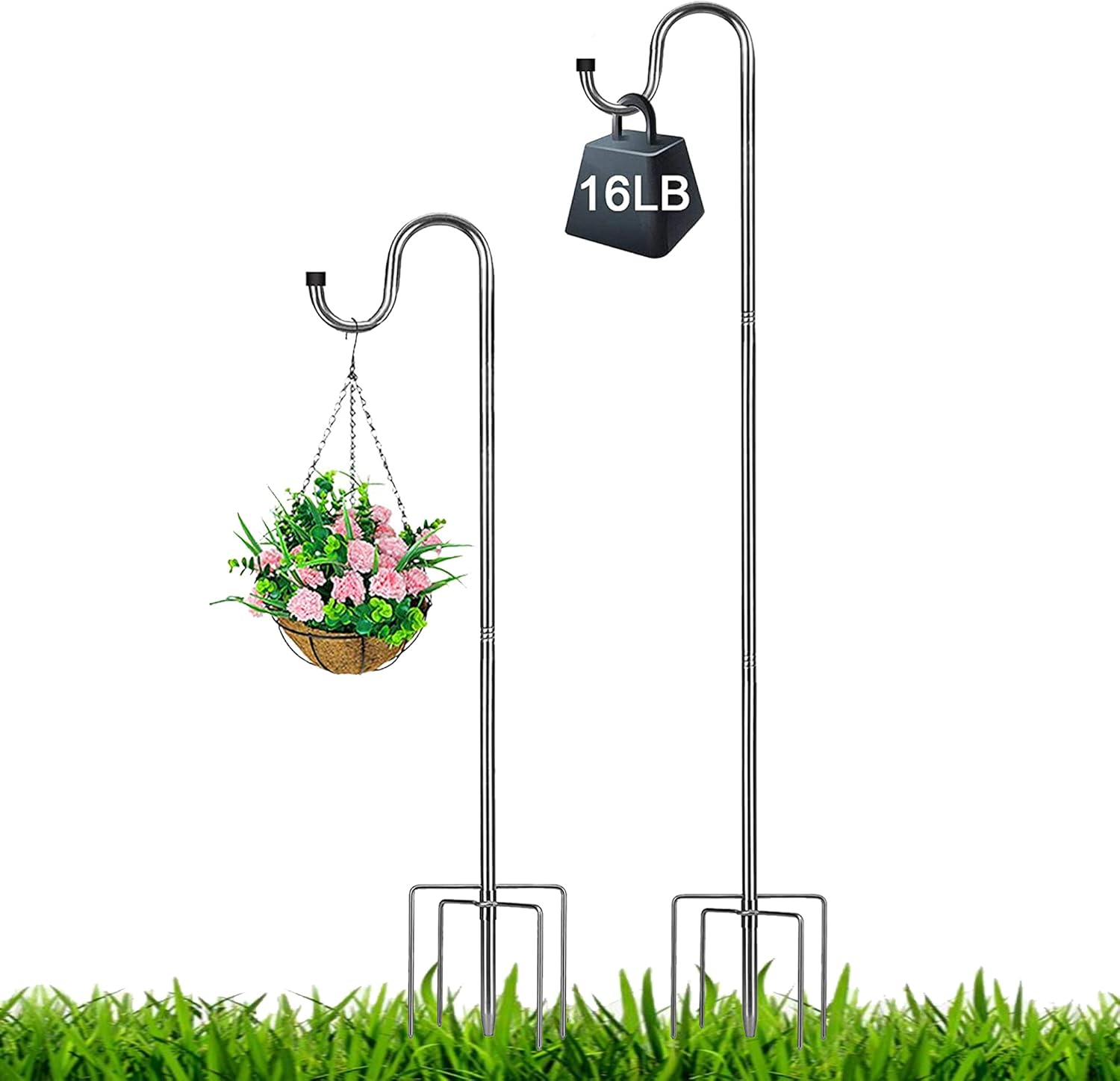 Harrms Shepherd Hook 62 inch,5/8inch Diameter Stainless Steel with 5 Prongs Base Use at Bird Feeder Pole Garden Hanging Plants Basket Hanger, Jar Wind Chime Wedding Metal Hanger Hook, Silver
