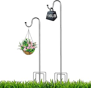 Harrms Shepherd Hook 62 inch,5/8inch Diameter Stainless Steel with 5 Prongs Base Use at Bird Feeder Pole Garden Hanging Plants Basket Hanger, Jar Wind Chime Wedding Metal Hanger Hook, Silver