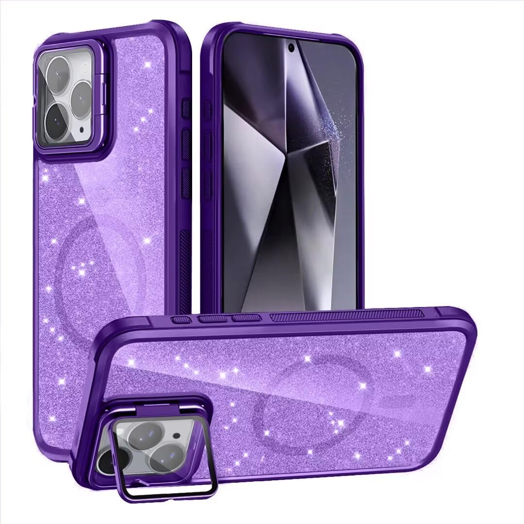 ATISIJIE for iPhone 16 Pro Max Magnetic Case,Glitter Full-Body Shockproof Crystal Hard Acrylic Back Protective Cover with Stand for Women Girls-Purple