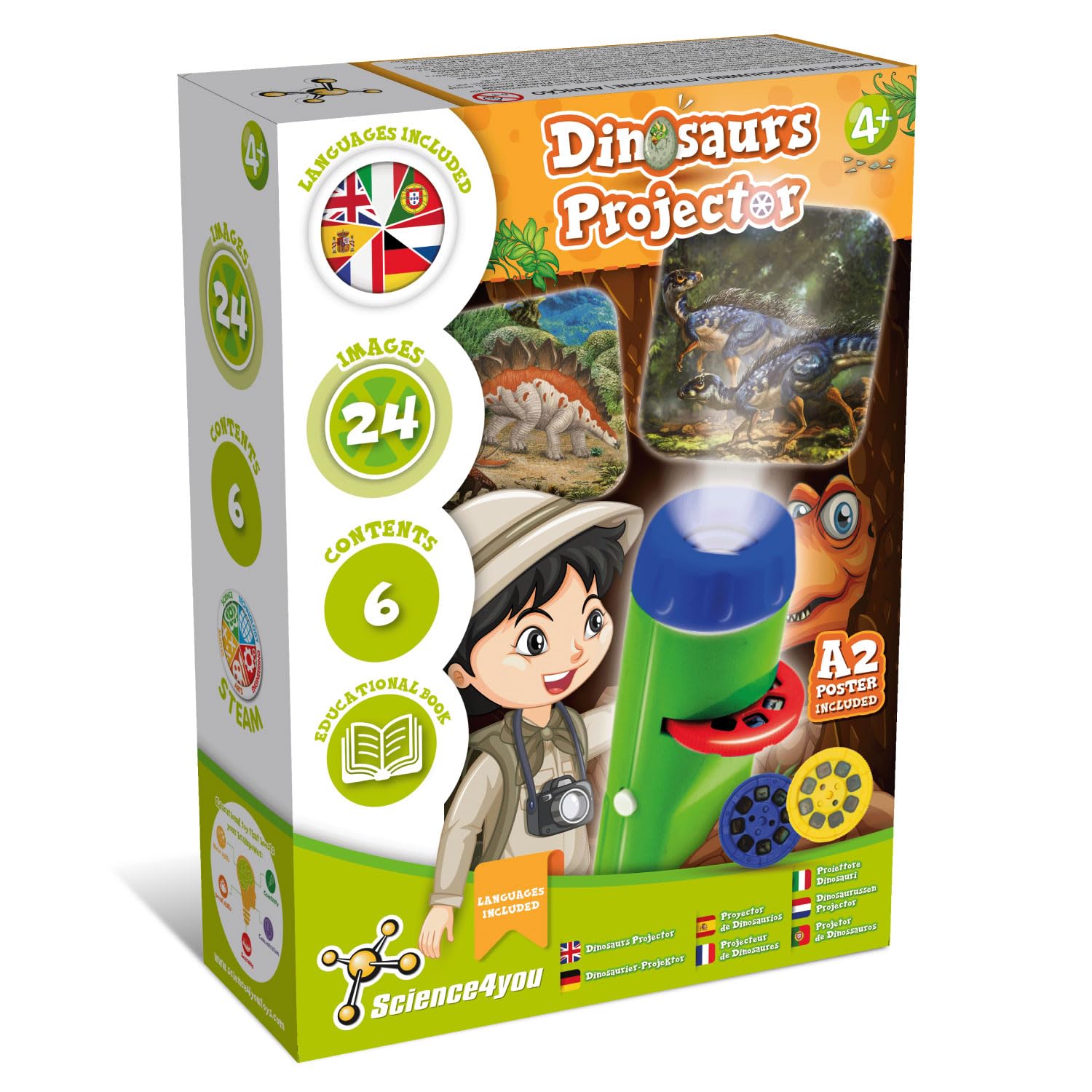 Science4you Dinosaur Torch Projector for Kids 4+ Years - Dinosaur Toys includes 24 Images and Poster, Projector Torches for Kids, Paleontology and Educational Gift for Boys & Girls Age 3 4 5+