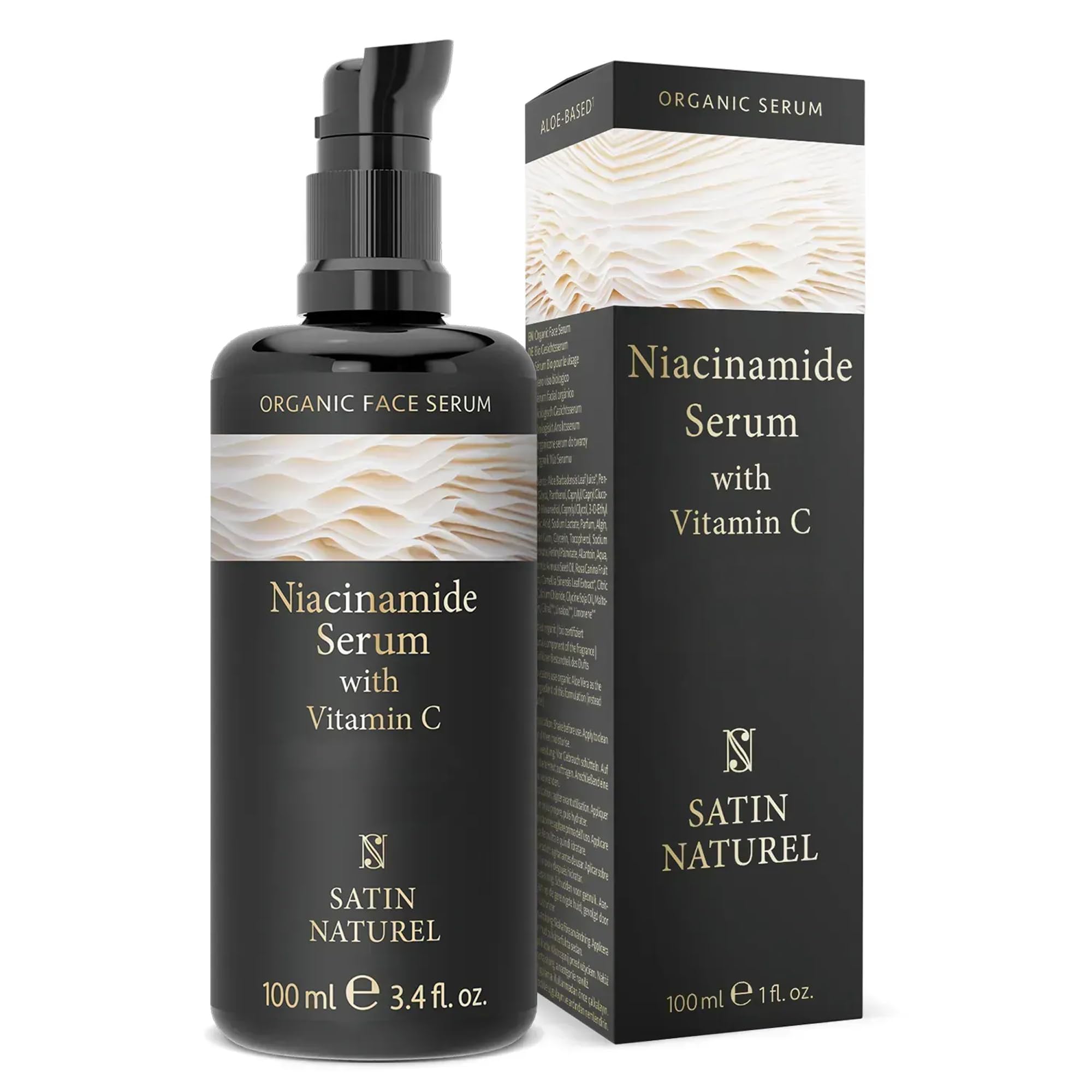 Satin Naturel Niacinamide Serum 100ml, Enhanced with Vitamin C Serum for Sensitive Skin - Face Serum with Aloe Vera - Brightening Serum - Collagen Booster for Face - Organic Skincare