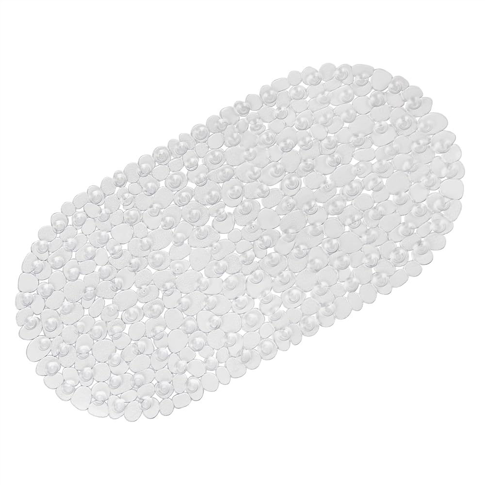 WELTRXE Non Slip Bath Mat 69x36 cm PVC Pebble Drain Holes Suction Cups