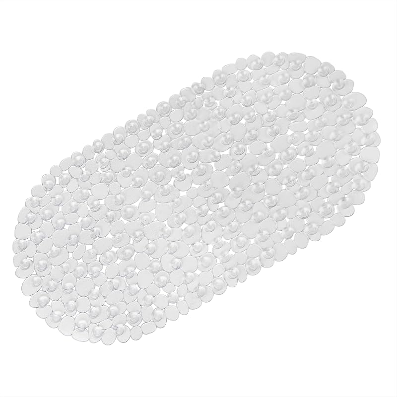 WELTRXE Non Slip Bath Mat 69x36 cm PVC Pebble Drain Holes Suction Cups