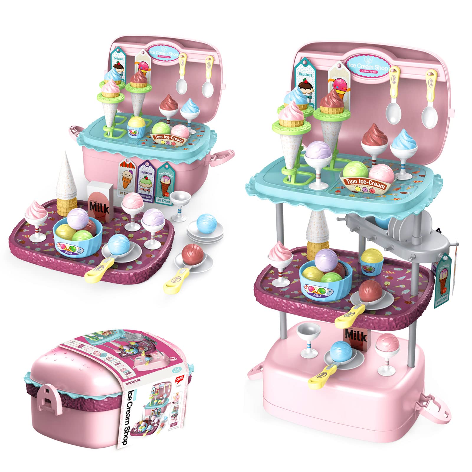 Ice Cream Toys 72pcs Dessert Shop Playset 3 in 1 Pretend Play Toy Set with Portable Shoulder Strap Storage Hamburger Design Role Play Kitchen Game for 3 4 5 6 Kids Toddlers Boys Girls