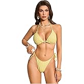 RoseSeek Women's 2 Piece High Cut String Bikini Set Tie Side Wireless Halter Swimsuits Beach Swimwear