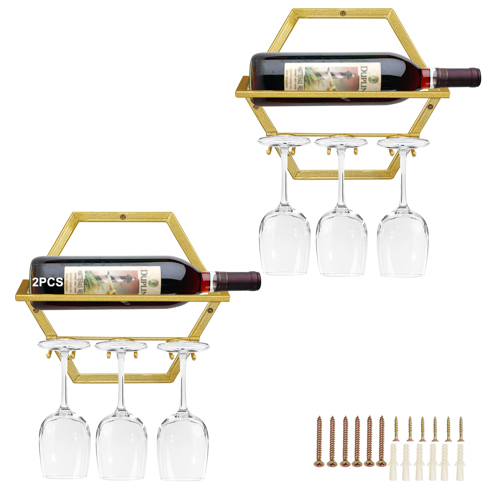 Giyiprpi 2Pcs Wall Mounted Wine Bottle Stemware Rack, Metal Hanging Wine Display Holder with 3 Stemware Glass Organizer, Red Wine Racks for Home Kitchen Bar Decor (Gold AA)