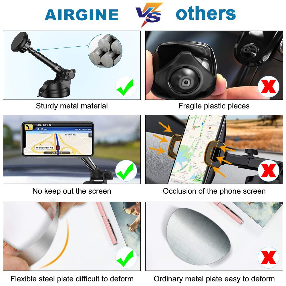 AIRGINE Magnetic Phone Car Mount Holder, Mobile Phone Cradle with 6 Strong Magnets for Dashboard and Windshield,Metal Telescopic Arm for iPhone Xs Max/XR/XS/X/8/7/6/6S, Galaxy S9/S8/S7/Note9/Note8