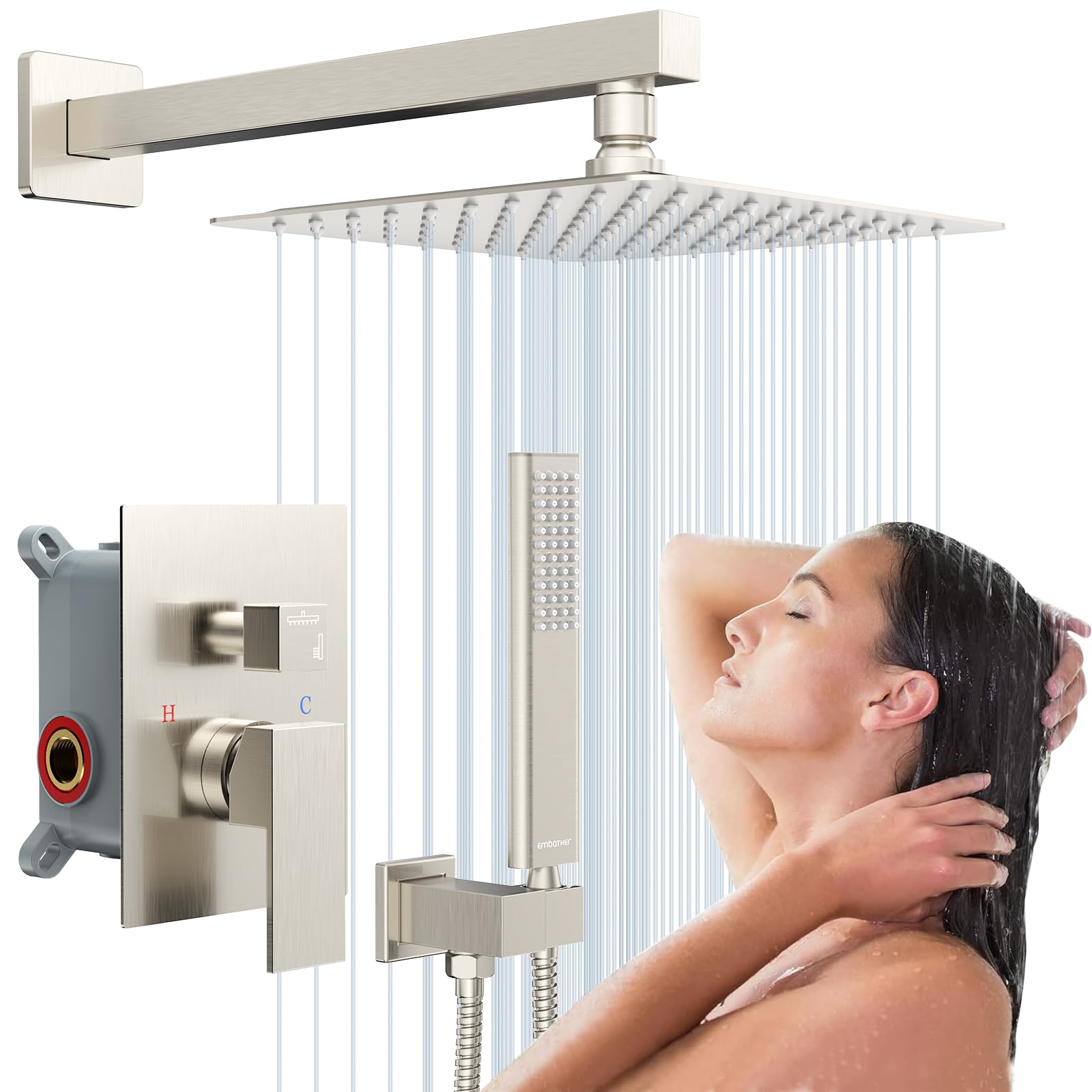 Photo 1 of Rain Shower System Sets Faucet: EMBATHER 10 Inch Overhead Rainhead Shower Combo Set With Handheld And Valve-Luxury Modern Mixer Rainfall Brushed Nickel Shower Faucets Sets Complete