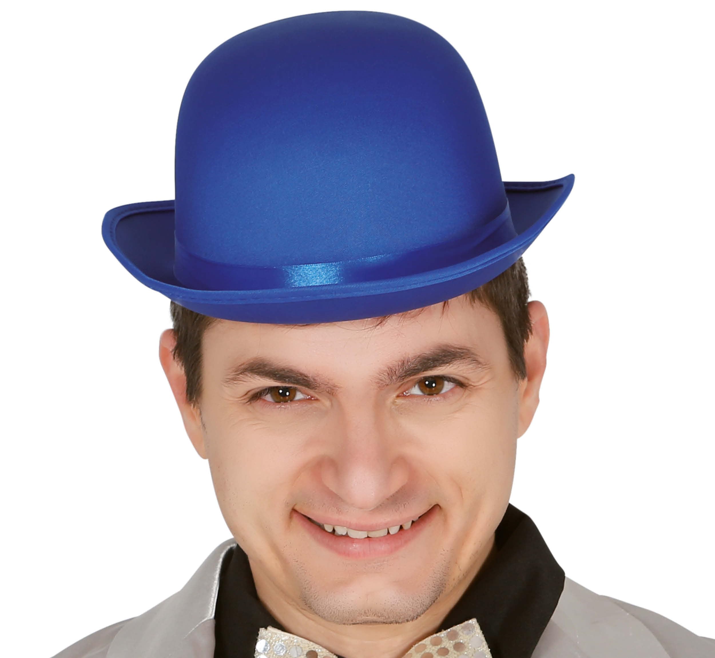 FIESTAS GUIRCA Adult Satin Deluxe Bowler Hat Blue Clown Fancy Dress Up Colourful Hat Halloween Cosplay World Book Day Circus Fancy Dress Unisex One Size