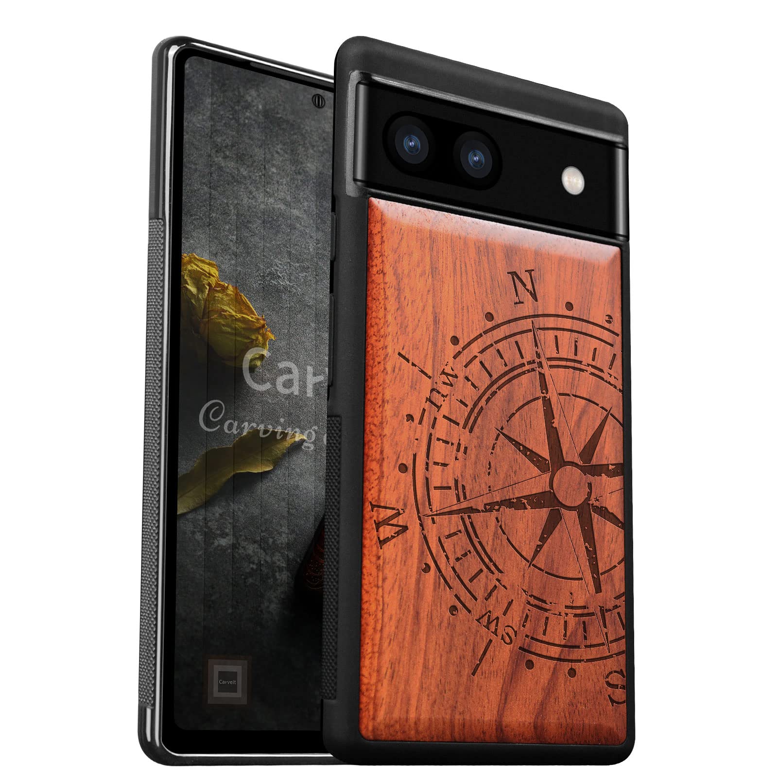 Carveit Wood Case for Pixel 6a Case [Hard Real Wood & Soft TPU] Shockproof Hybrid Protective Cover Unique & Classy Wooden Case Compatible with Google Pixel 6a Case (Vintage Compass Carving-Rosy)