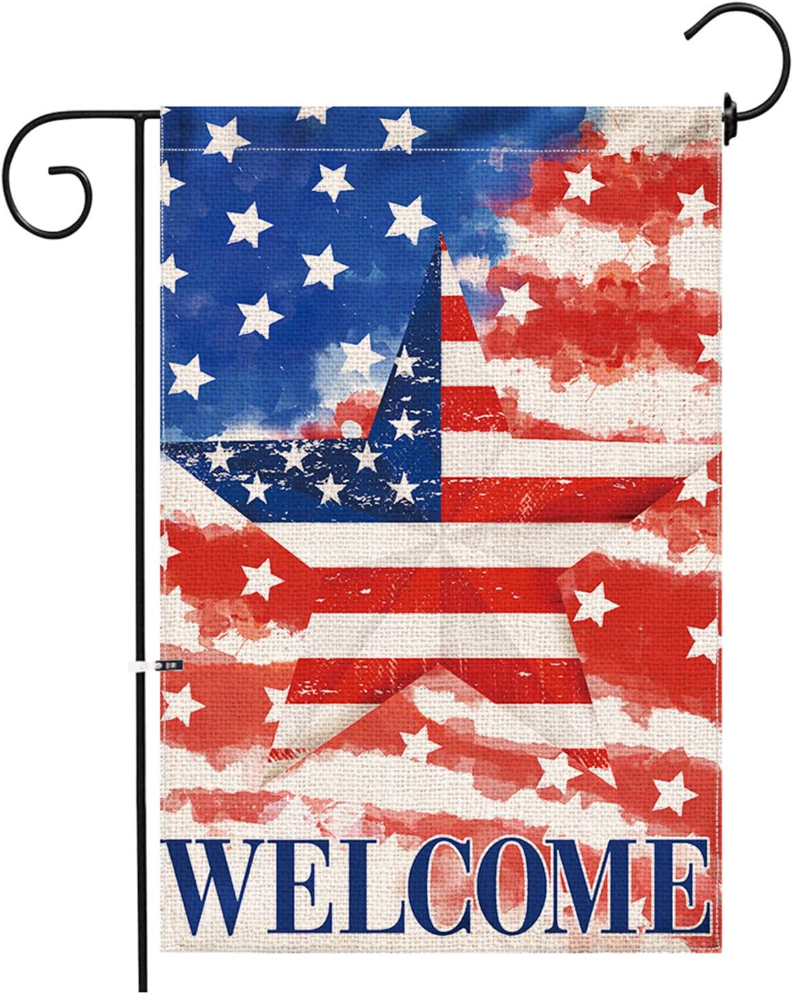 Hexagram 4th of July Patriotic Garden Flag 12x18,Burlap Garden Flag Double Sided Banner,Watercolor American Patriotic Stripes and Stars 4th of July Independence Day Decor