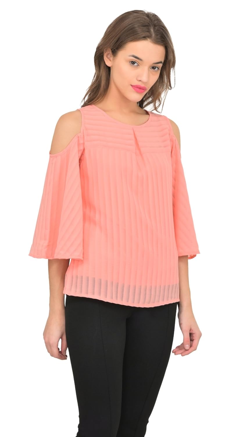 marie claire women peach-coloured georgette self-striped cold shoulder top (mc10270b)