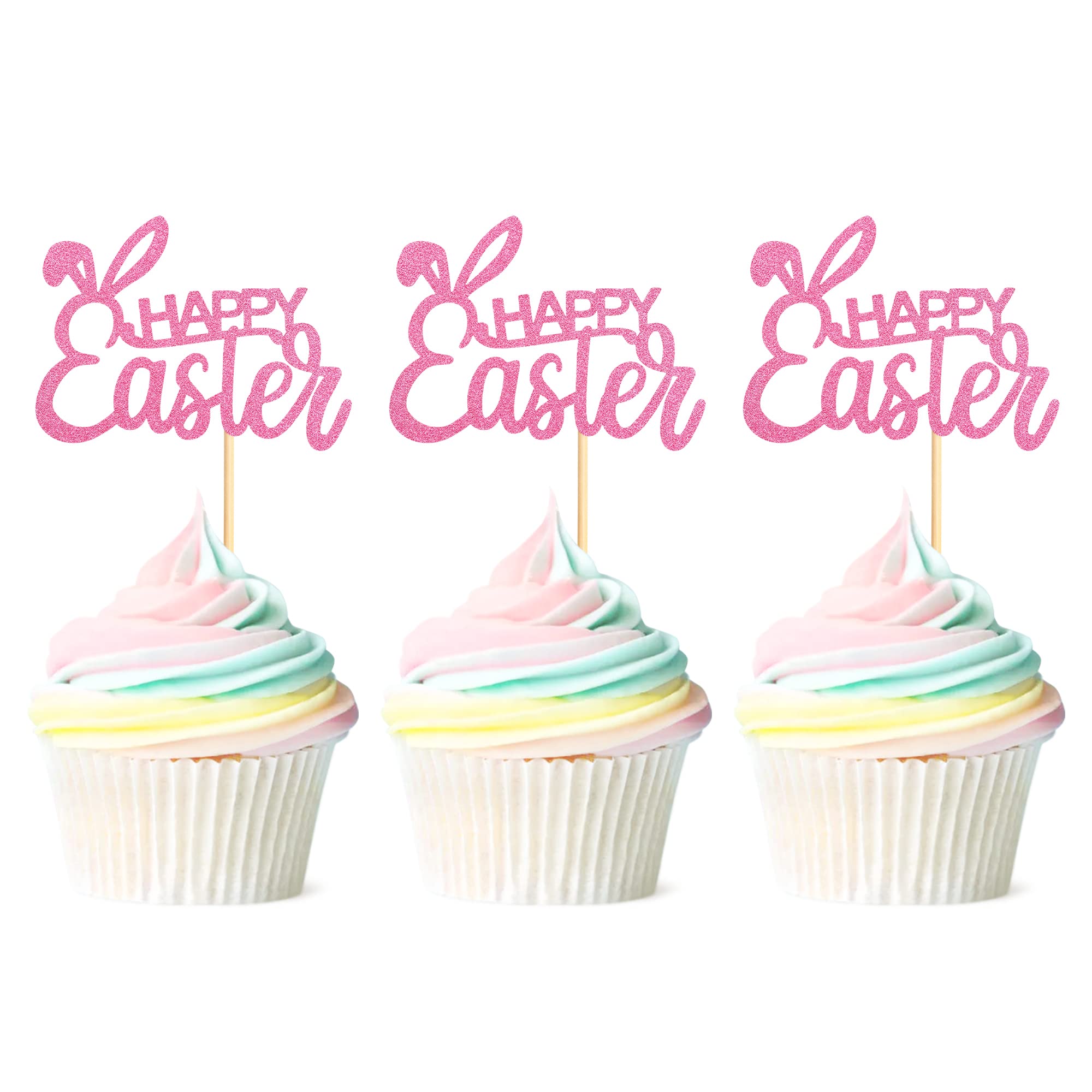 Blumomon 24Pcs Happy Easter Cupcake Toppers Pink Glitter Bunny Ear Cupcake Picks Happy Easter Theme Party Cake Decorations Supplies — image 1