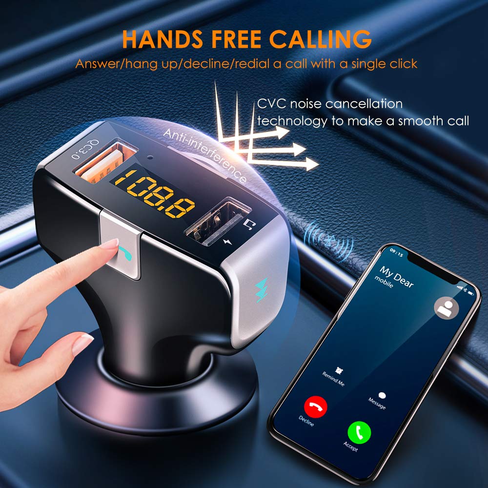 bedee FM Transmitter Bluetooth 5.0 with QC3.0 Charger for Car, Wireless FM Transmitter Car Radio Audio Adapter, Handsfree Car Kit with Dual USB Charging Ports, LED Display, USB Flash Drives Reader