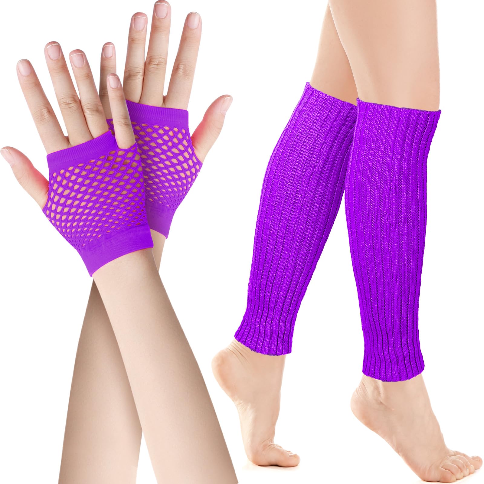 SATINIOR Neon Leg Warmers and Fishnet Gloves Set 80s Fancy Dress Costume Accessory Stretchy Leg Warmers Fishnet Gloves (Purple)