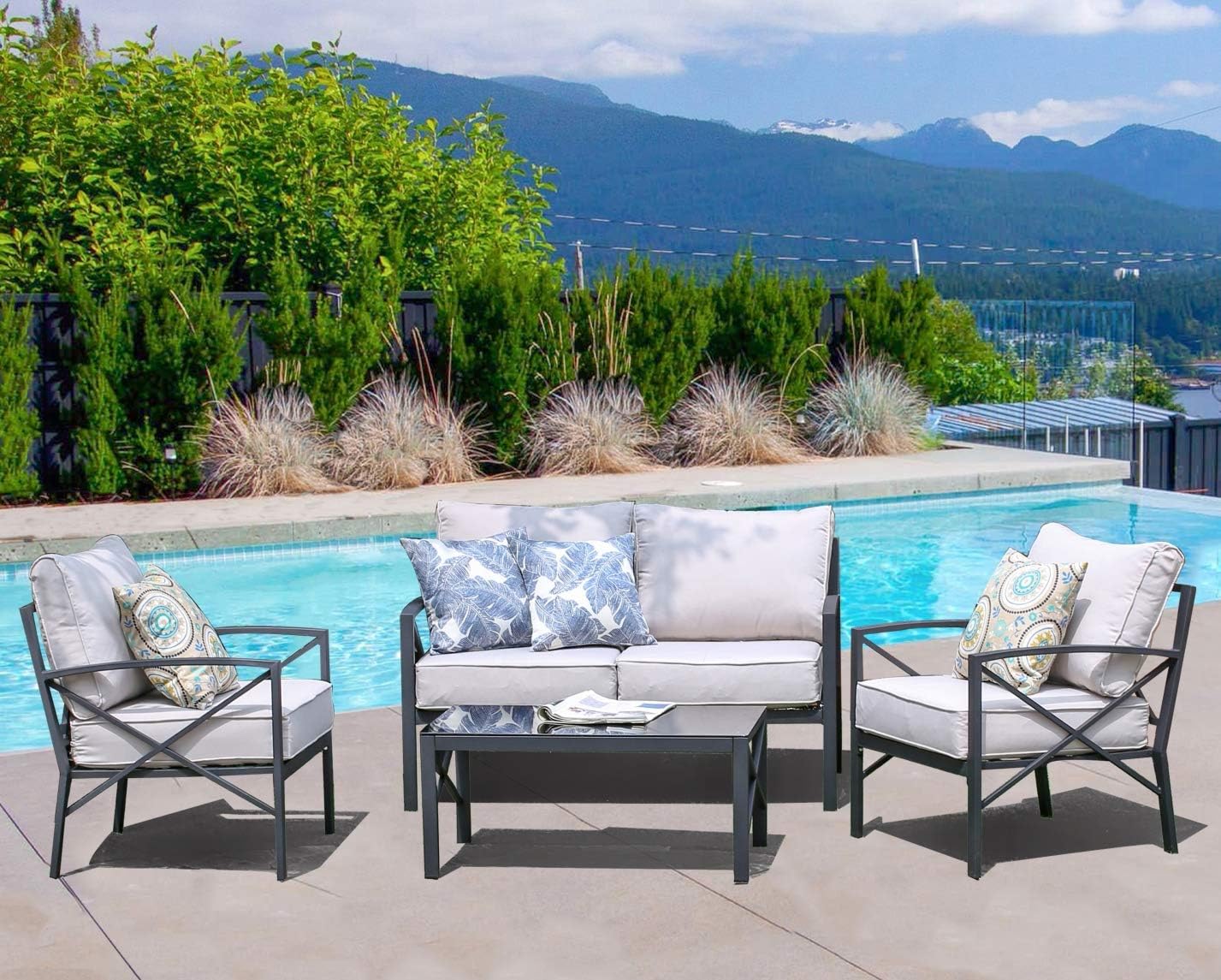 Creative Living 4 Piece Patio Furniture Conversation Set Northwind All Weather Outdoor Loveseat Sofa 2 Chairs Table w/Cushions, Beige, Begie : Garden & Outdoor