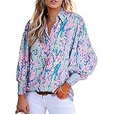 Button Down Shirts for Women Dressy Lantern Long Sleeve Blouses Printed Casual Loose Colorful Blouse Work Tops