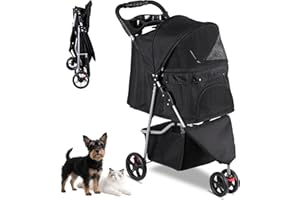 PET REPUBLIC Foldable Pet Stroller for Cats and Dogs 3 Wheels Carrier Strolling Cart with Weather Cover, Storage Basket + Cup Holder (Black)