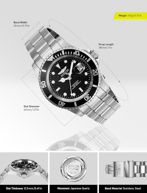 Relógio masculino de quartzo em aço inoxidável invicta pro diver, preto/prata, 40 mm