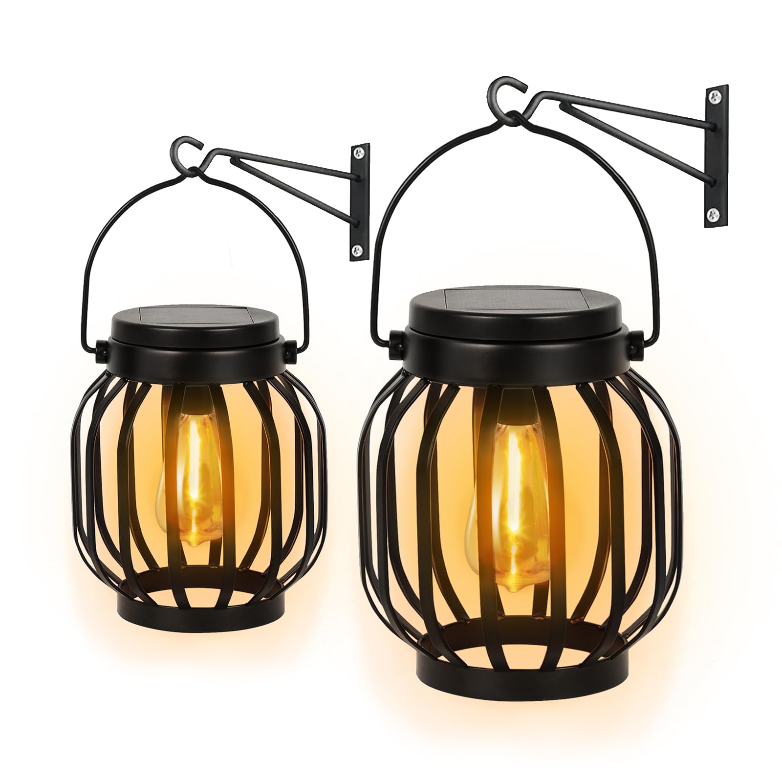 Bawoo 2 Pack Metal Solar Lights Outdoor With Hook - Hanging Garden Lanterns, Auto On/Off, IP65 Waterproof Ornaments for Yard Pathway Patio (Warm White)