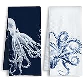 HSIASHENG Blue Octopus Beach Kitchen Towels, Coastal Nautical Dish Tea Towels, Beachy Ocean Animal Hand Towel for Bathroom Kitchen, Octopus Bathroom Decor, 16x24 Inches Set of 2