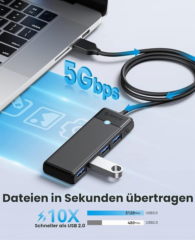 USB Hub 3.0, 4 Ports USB Verteiler mit 100CM Langes Kabel, Ultra Slim Type A Datenhub 5 Gbps, Multiports-Adapter für MacBook, Mac Pro/Mini, Mobile HDD, Surface Pro, XPS, PS4/PS5, PC