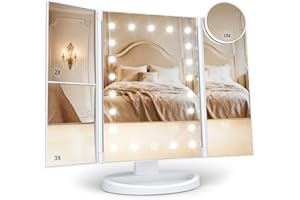 HUONUL Makeup Mirror Vanity with Lights, 2X 3X 10X Magnification, Touch Control, Trifold Mirror, Dual Power Supply, Gifts for Women, Wife, Mom, Teengirls(White)