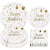 PUEVENYI 150PCS Birthday Paper Plates and Napkins Party Supplies -7&9Inch White Gold Dot Paper Plates and 6.5 Inch Napkins Disposable Tableware Set for Birthday Party Decorations, Serve 50 Guests