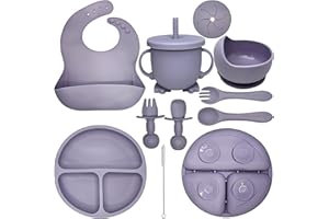 HippoBaby Baby Led Weaning Supplies | 10 Piece Silicone Feeding Set | Baby Toddler Bib Cup Divided Plate and Bowl Self Feeding Spoons Dish Set | Baby Utensils | Toddler Feeding Supplies (Lavender)