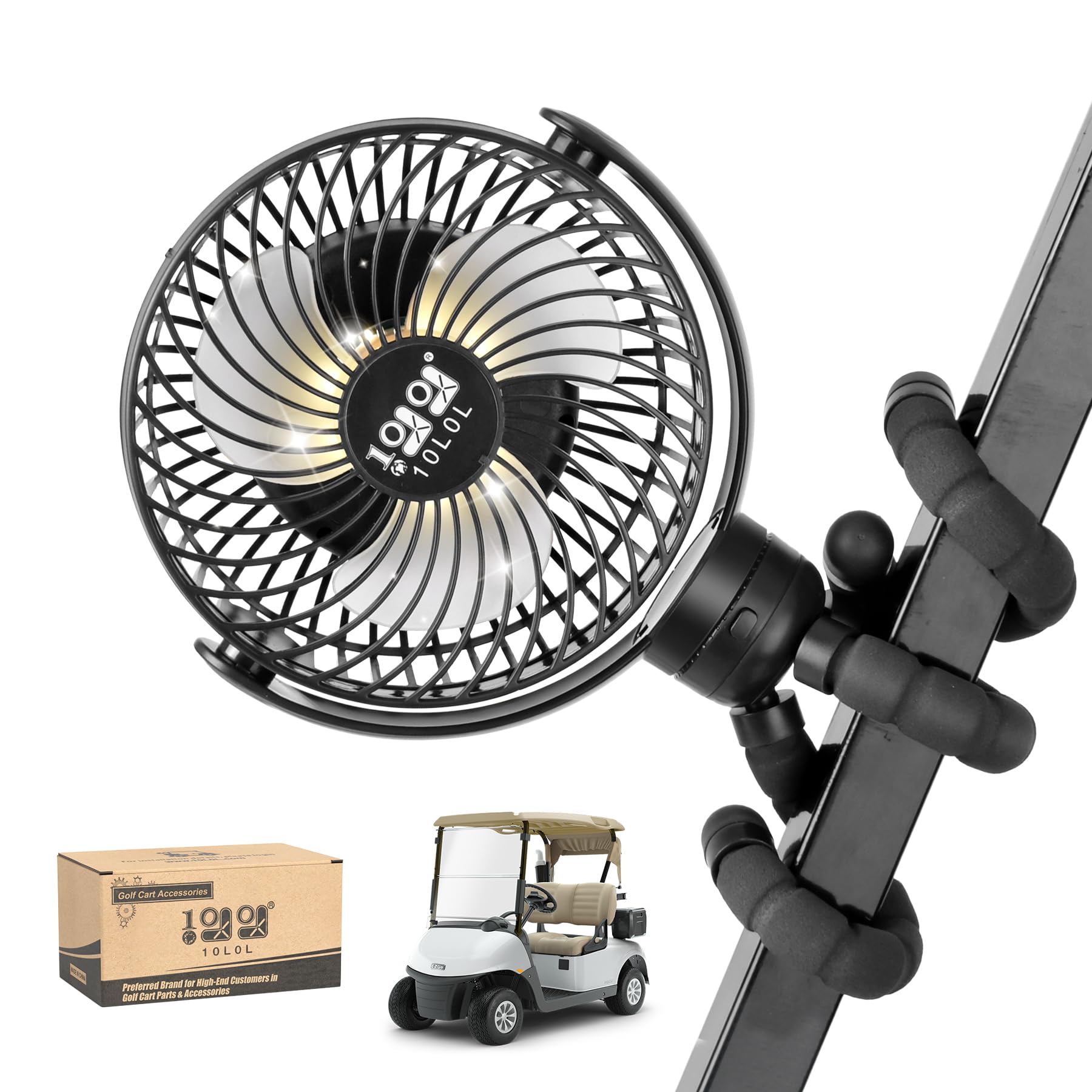 Photo 1 of 10L0L Golf Cart Fan Rechargeable with Flexible Tripod Mount - 10000mAh Battery Operated Portable Fan 360° Rotatable Head, Fits for Yamaha/EZGO/Club Car Golf Cart with LED Light