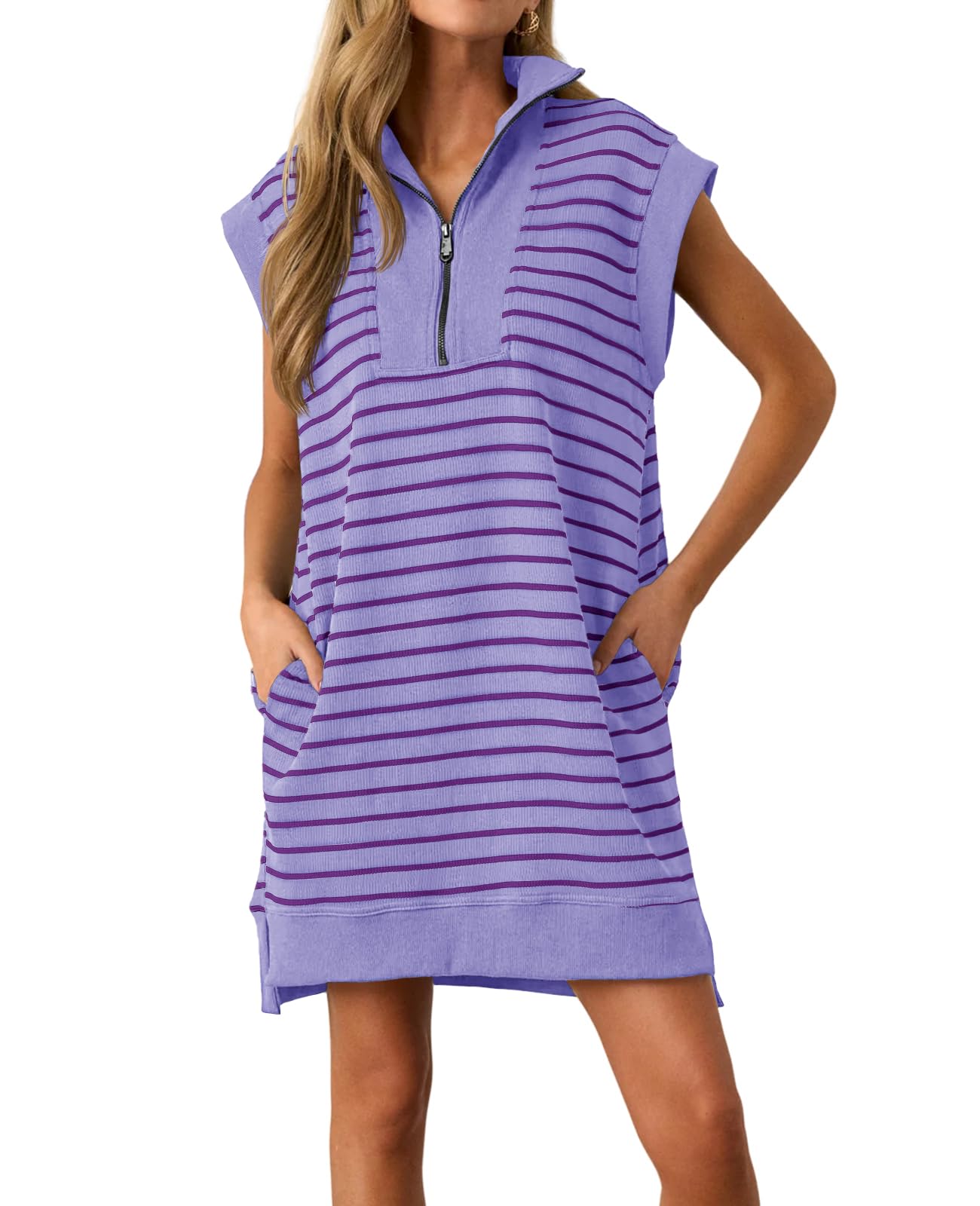 Photo 1 of (MED) (BAGGED) Wenrine Womens Striped Mini Dress Casual Zipper V Neck Cap Sleeve Collared Loose Summer Knit Dresses Violet