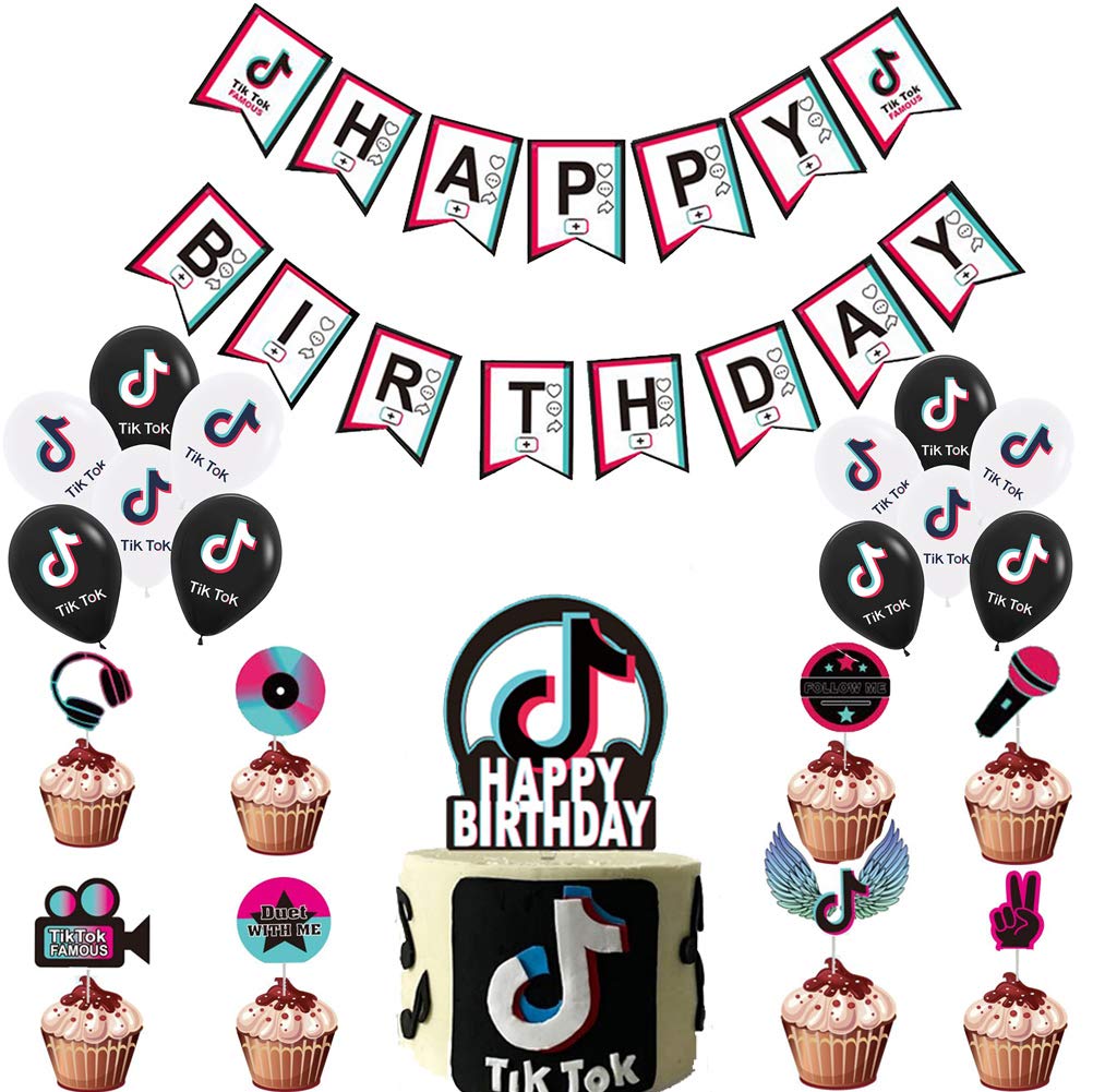 24pcs Tik Tok Cupcake Topper,24 pcs Tik Tok Happy Birthday Balloon,Tik Tok Cake Topper,Tik Tok Happy Birthday Banner.Music Theme Party for Kids Birthday