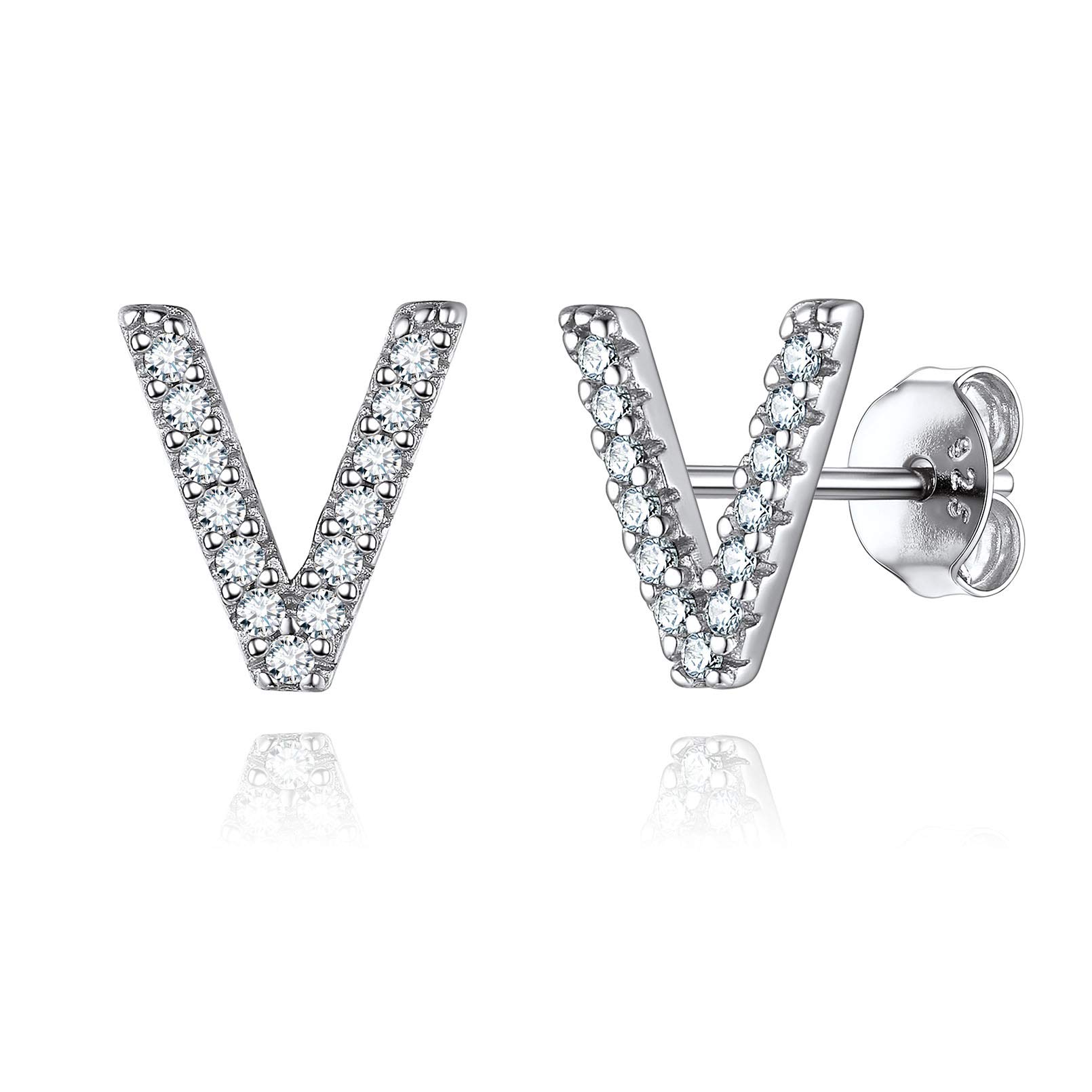 ChicSilver Dainty CZ Stud Earrings Initial Letter V Monogram Jewelry Alphabet Studs Hypoallergenic Earring