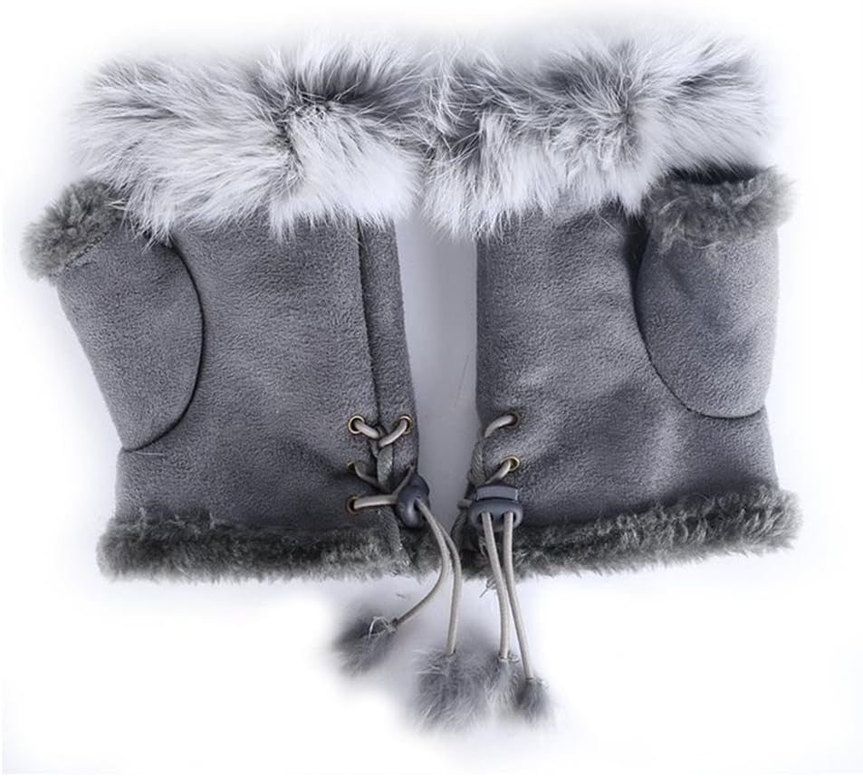 Magic Pieces Women's Faux Suede with Fur Fingerless Gloves Palm Warmer