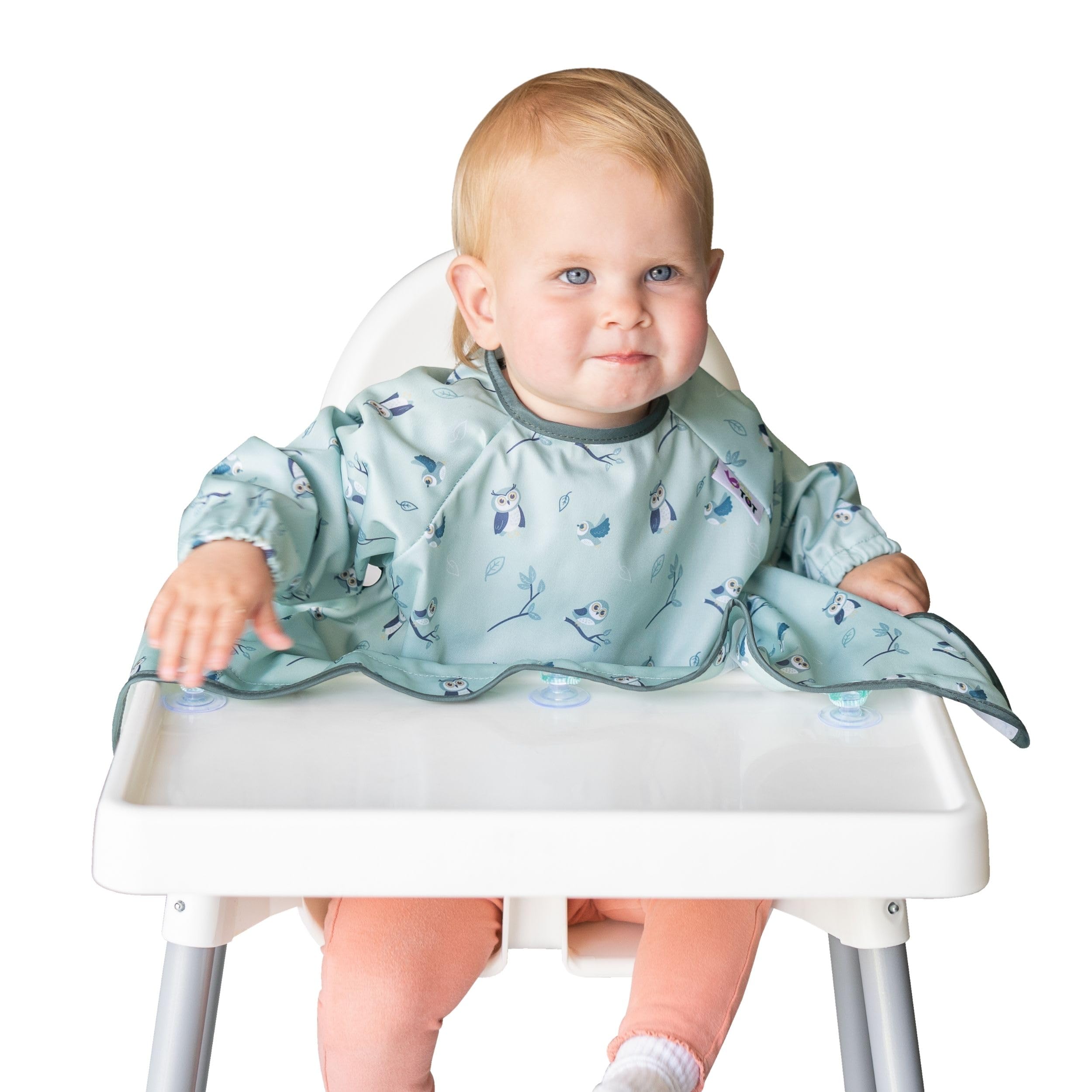 Tidy Tot Cover & Catch Weaning Bib with Sleeves. Attaches to Highchairs with Suction for Mess Proof Baby Feeding. Waterproof Long Sleeved Bibs. Coverall BLW Bibs